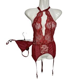 AvidLove Choker Halter Deep V floral lace Teddy Set